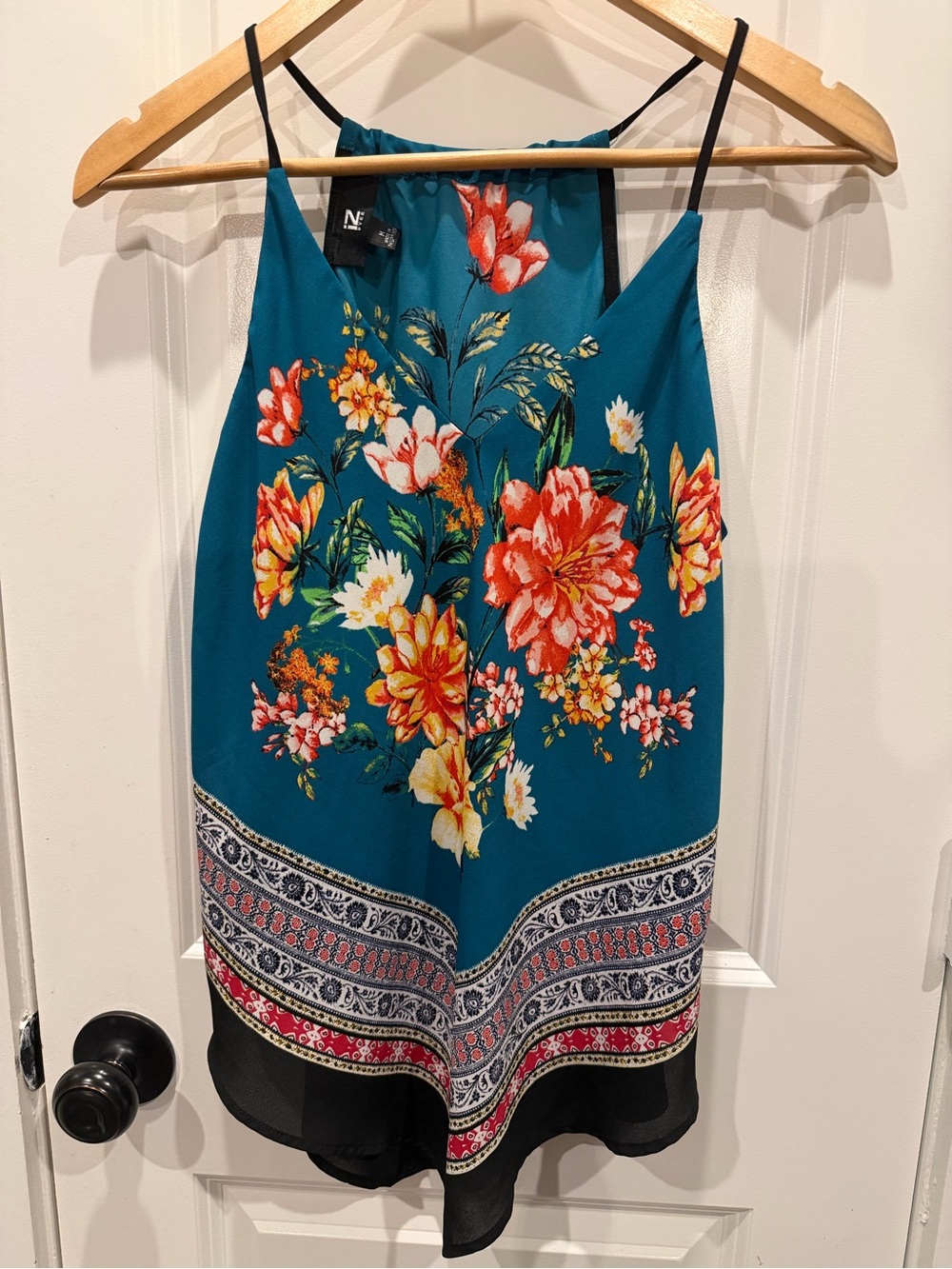 Iz Byer Teal Handkerchief Top  with Coral and Yellow Floral Print